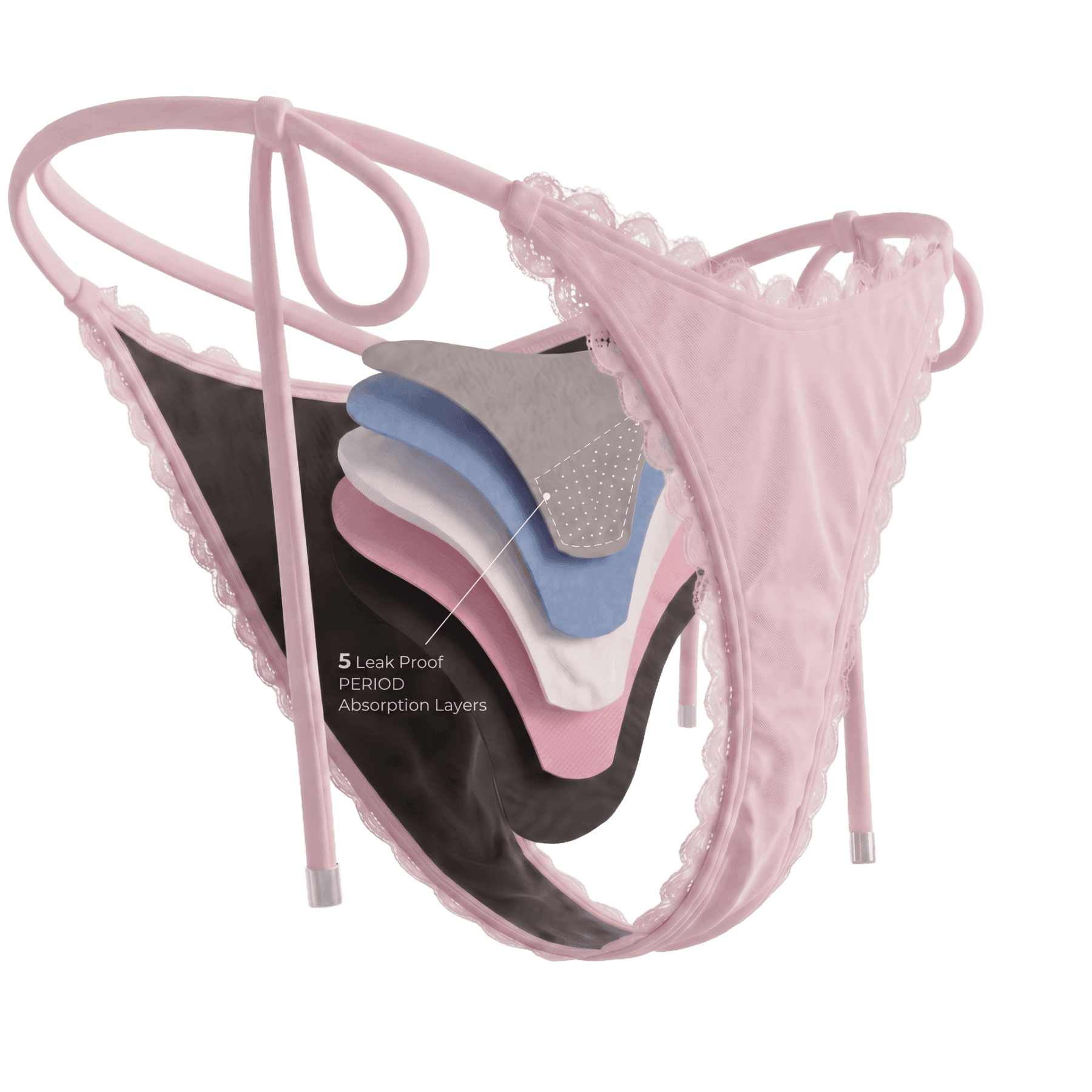 exploded view of the pikini's five-layer construction: leak-proof antibacterial layer, large-capacity absorbent layer, pure cotton layer, breathable layer, and main fabric